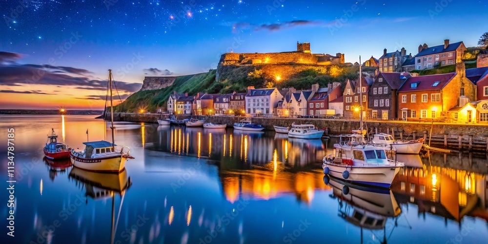 Fototapeta premium Captivating Night View of Whitby Harbour with Illuminated Boats and Calm Waters, Perfect for Travel and Landscape Photography Enthusiasts