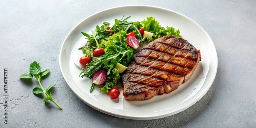 A Perfectly Grilled Steak with a Fresh Salad of Greens, Tomatoes, and Red Onion on a White Plate A Perfectly Grilled Steak with a Fresh Salad of Greens, Tomatoes, and Red Onion on a White Plate