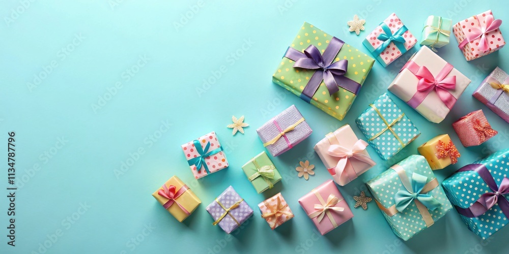 A festive collection of colorful gift boxes with bows and embellishments, arranged on a light blue background, creating a joyful and celebratory atmosphere. A festive collection of colorful gift boxes with bows and embellishments, arranged on a light blue background, creating a joyful and celebratory atmosphere.