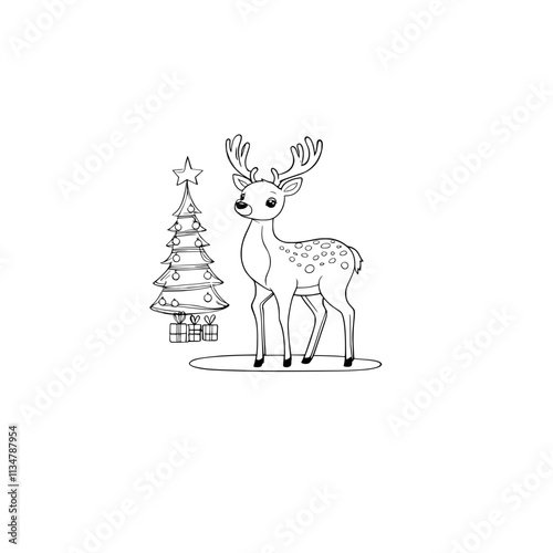 A line drawing of a deer in black and white beside christmas tree