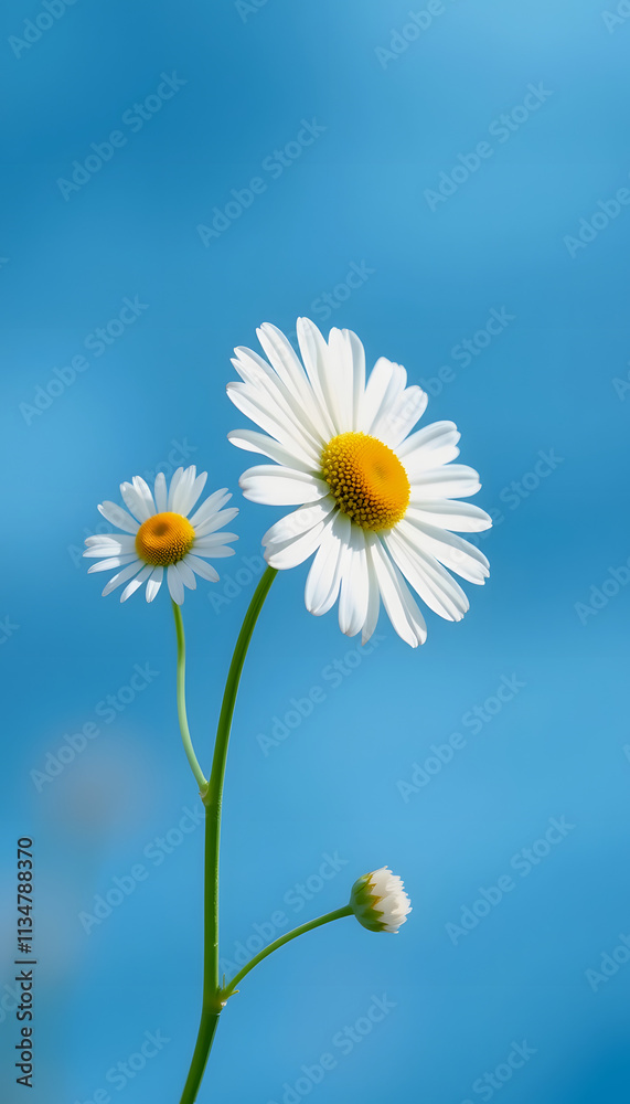 White Daisy Flowers, Blue Sky Background White Daisy Flowers, Blue Sky Background