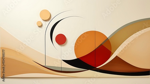 Abstract landscape painting with curved lines, circles, and earthy tones.