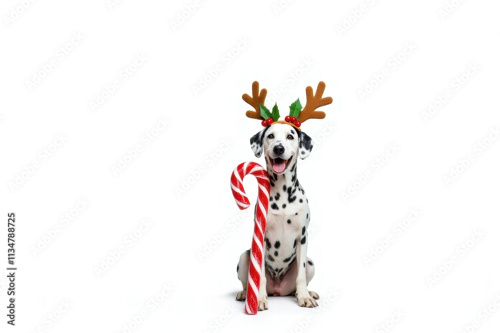 Dalmatian Dog in Reindeer Antlers with Candy Cane Dalmatian Dog in Reindeer Antlers with Candy Cane
