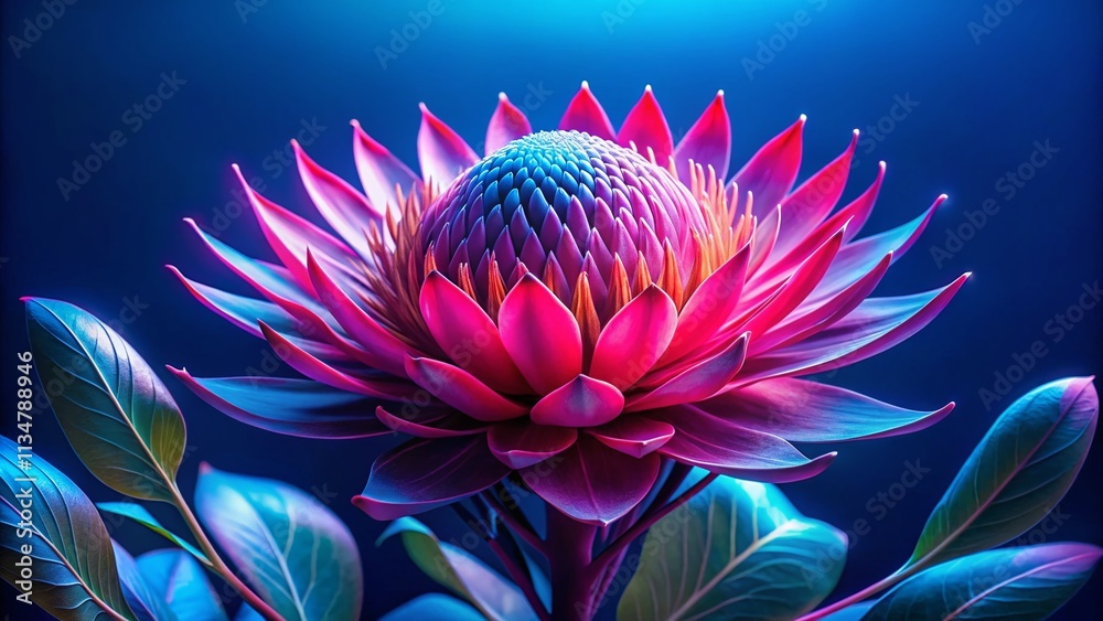 Obraz premium Captivating Pink Neon Exotic Flower Against a Vivid Blue Background for Stunning Landscape Photography