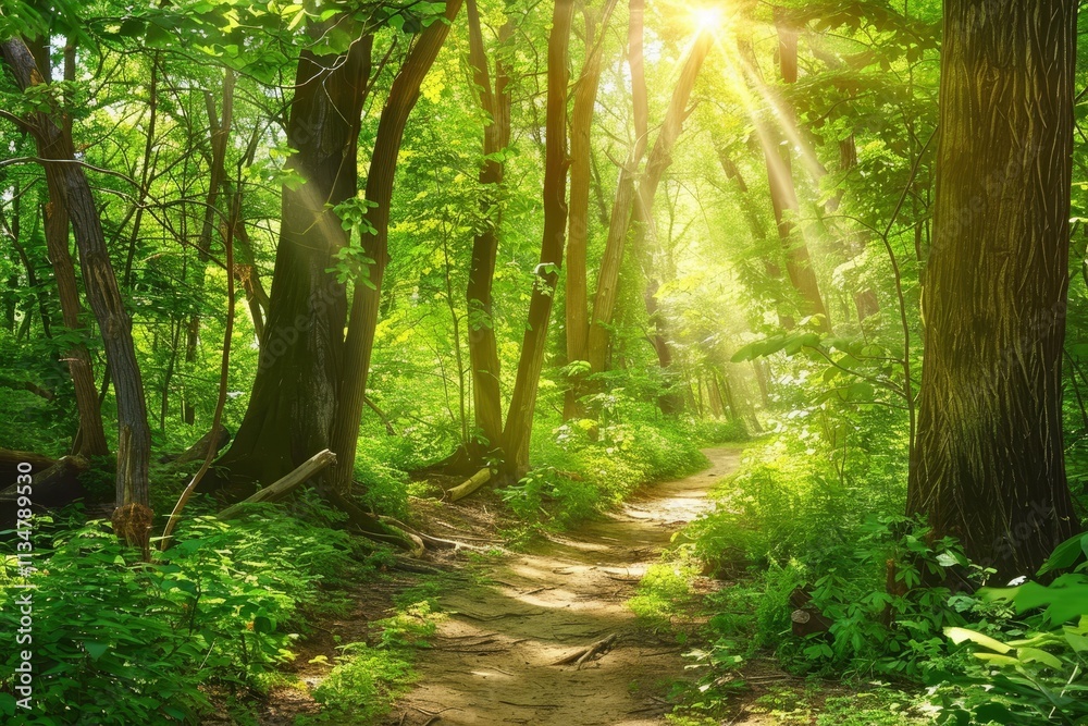 Fototapeta premium Golden sunlight streams through the verdant trees, illuminating a winding path in a serene forest, inviting exploration and connection with nature.