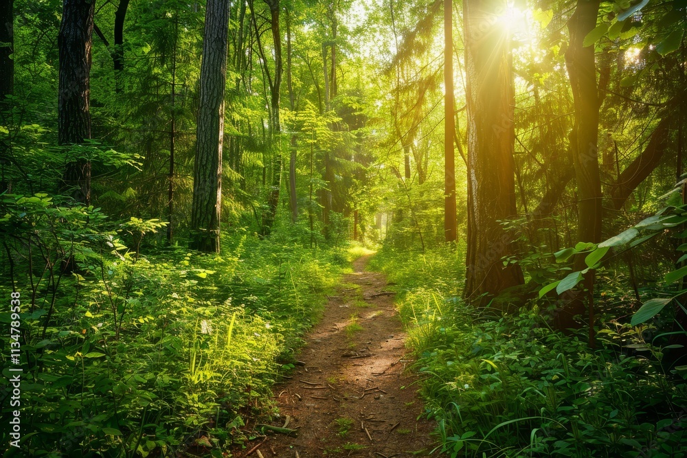 Obraz premium A serene trail winds through a lush forest, bathed in warm sunlight filtering through the tree canopy, inviting nature lovers to explore.