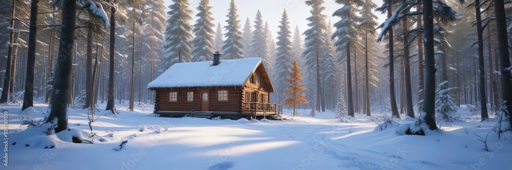 Snowy forest with a small wooden cabin in the distance, wooden cabin, serene scenery Snowy forest with a small wooden cabin in the distance, wooden cabin, serene scenery