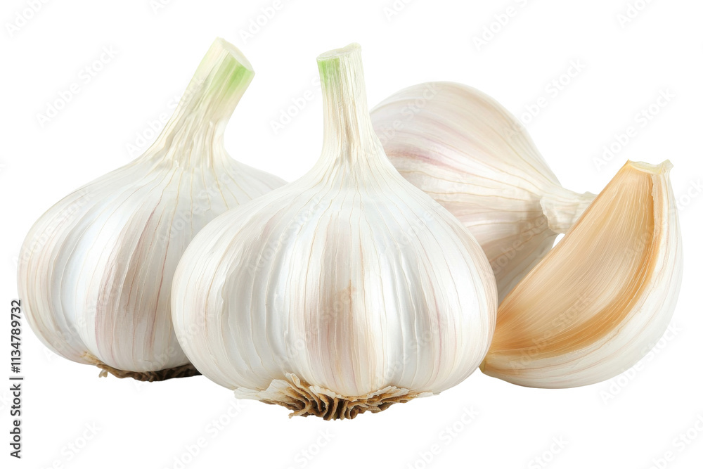 Obraz premium Garlic Cloves and Bulb Isolated on PNG Transparent Background