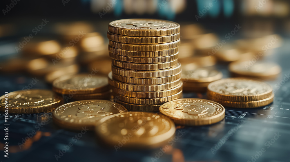 A pile of gold coins on a table A pile of gold coins on a table