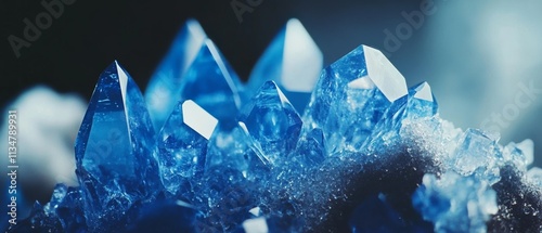 Vibrant blue crystals stand sharply against a dark background, their edges glistening like ice, capturing the mesmerizing beauty of natural minerals. photo