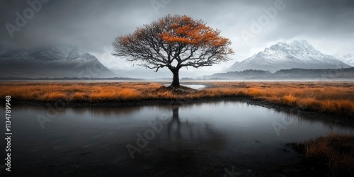 A tree reflected in calm water, creating a peaceful and serene atmosphere. photo