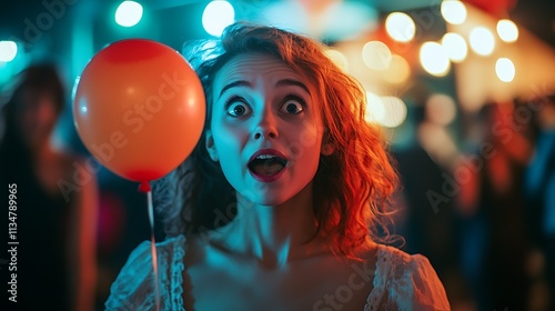 Woman Surprised by Balloon at Night Party