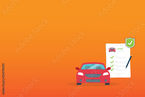Car insurance document, report. Paper agreement checklist or loan checkmarks form list approved with automobile icon, vehicle financial, car dealership legal deal.	