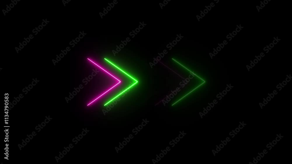 Neon direction concept, neon arrow icon, arrows indicates the direction of the overlay video layer. and looping neon line arrow icon animation.