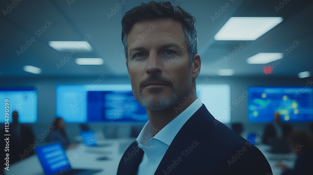 A man in a suit stands in front of a wall of monitors A man in a suit stands in front of a wall of monitors
