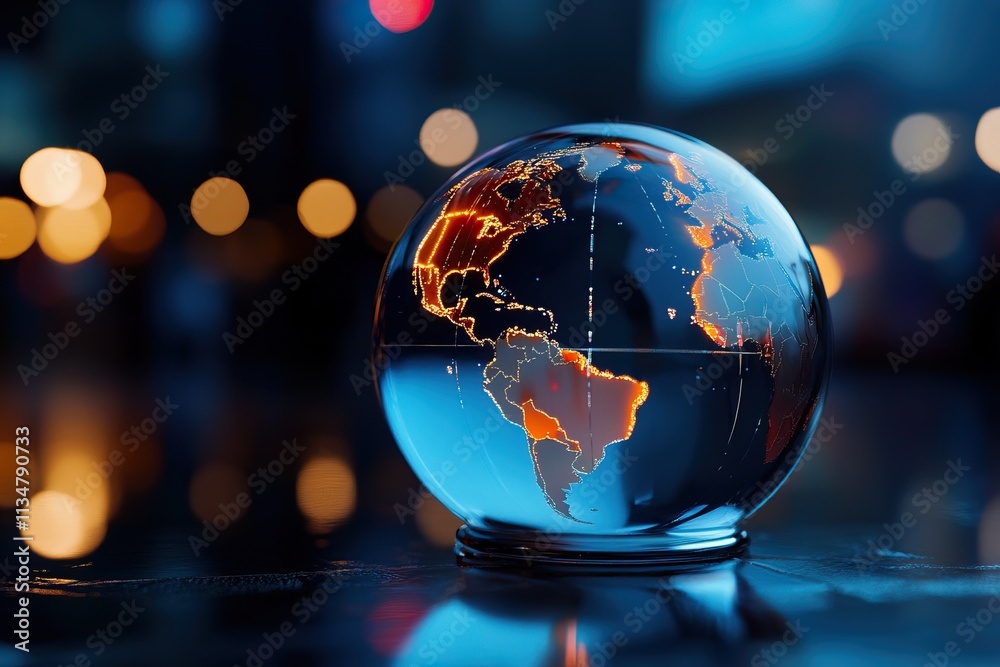 A glass globe illuminated with vibrant colors, showcasing the continents against a blurred, colorful background. A glass globe illuminated with vibrant colors, showcasing the continents against a blurred, colorful background.