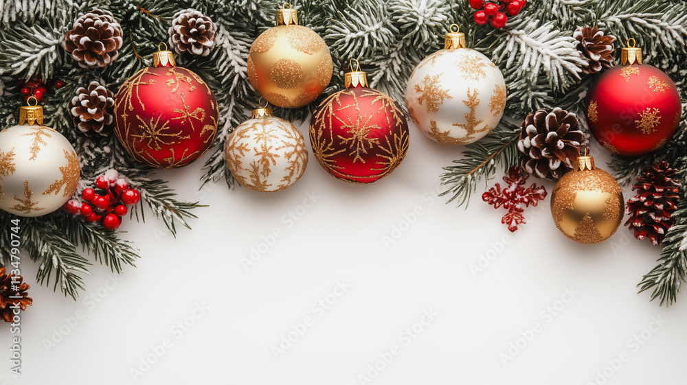 A white background with a bunch of red and white Christmas ornaments A white background with a bunch of red and white Christmas ornaments