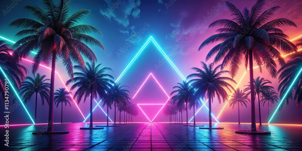 Retro futuristic tropical palm tree landscape with neon lights and geometric shapes, retro, futuristic, tropical Retro futuristic tropical palm tree landscape with neon lights and geometric shapes, retro, futuristic, tropical