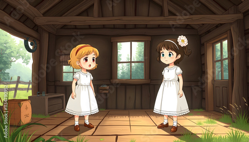 Two Cartoon Girls in White Dresses in a Rustic Barn