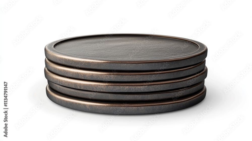 A stack coins, collectible element, hyper-realistic detail, metallic hues, isolated on white background A stack coins, collectible element, hyper-realistic detail, metallic hues, isolated on white background