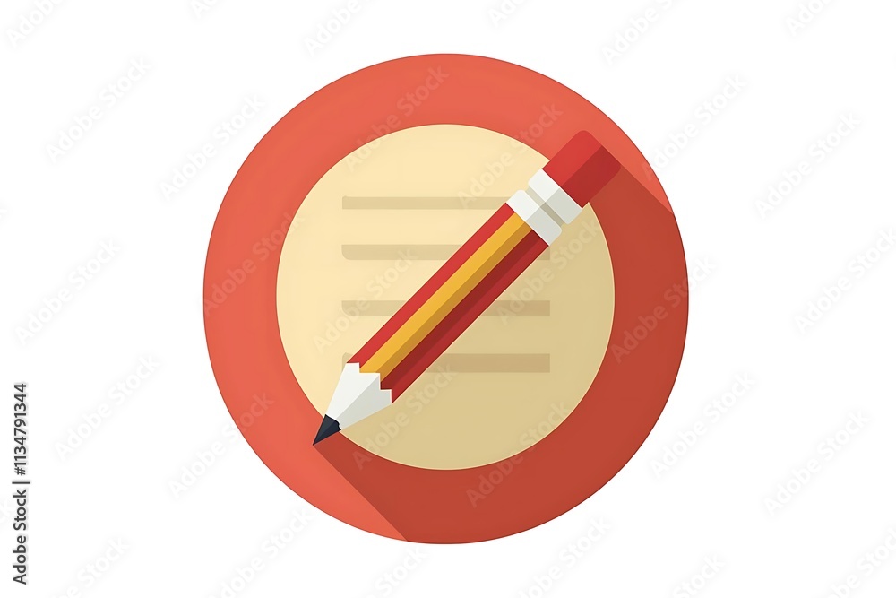 Red pencil on lined paper icon in a circle. Red pencil on lined paper icon in a circle.