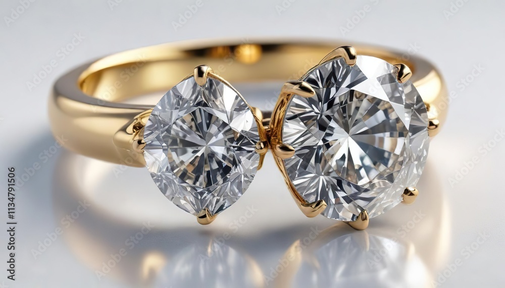 Sparkling Diamond Gemstone with Gold Band on White Background , modern jewelry, shiny diamond, white surface Sparkling Diamond Gemstone with Gold Band on White Background , modern jewelry, shiny diamond, white surface