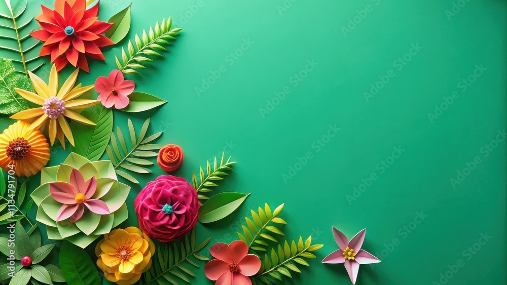A vibrant display of paper flowers and green foliage arranged in a corner composition, creating a delightful and eye-catching pattern against a solid green background. A vibrant display of paper flowers and green foliage arranged in a corner composition, creating a delightful and eye-catching pattern against a solid green background.