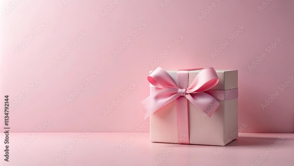 A Gift Box Tied with a Delicate Pink Bow, Resting on a Smooth, Pastel Pink Surface