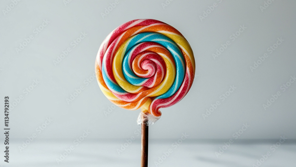 Isolated Candy Lollipop. A bright swirl-patterned lollipop with a wooden stick, centered on a white background. Isolated Candy Lollipop. A bright swirl-patterned lollipop with a wooden stick, centered on a white background.