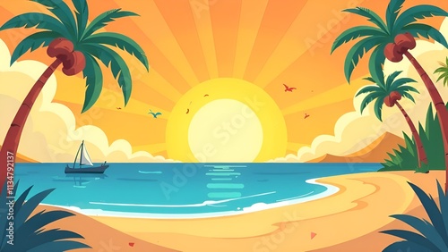 Beach background with ship, palm trees, seagulls and ocean view.