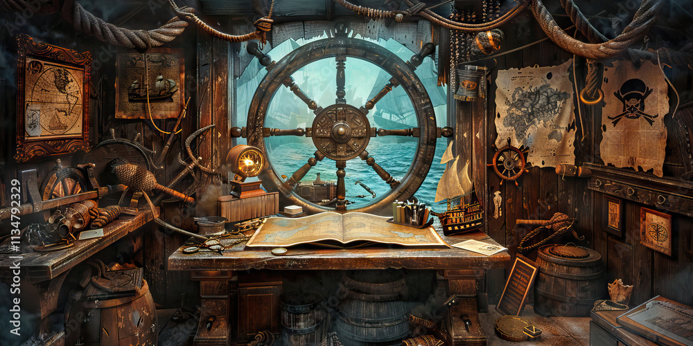 Fototapeta premium Interior View of a Pirate Ship Captain's Cabin