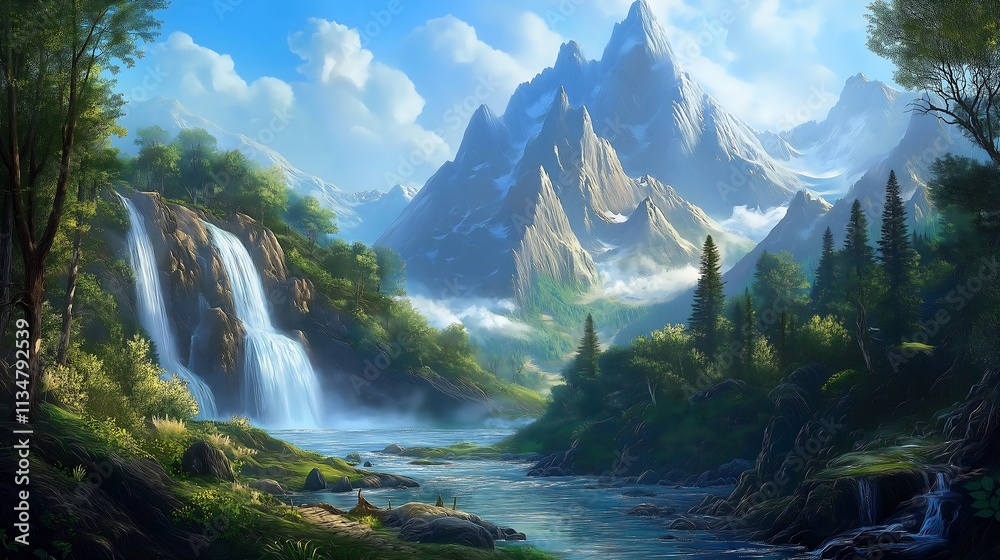 Fototapeta premium Dreamy Landscape with Magical Sky and Clouds Wallpaper Background Generative AI