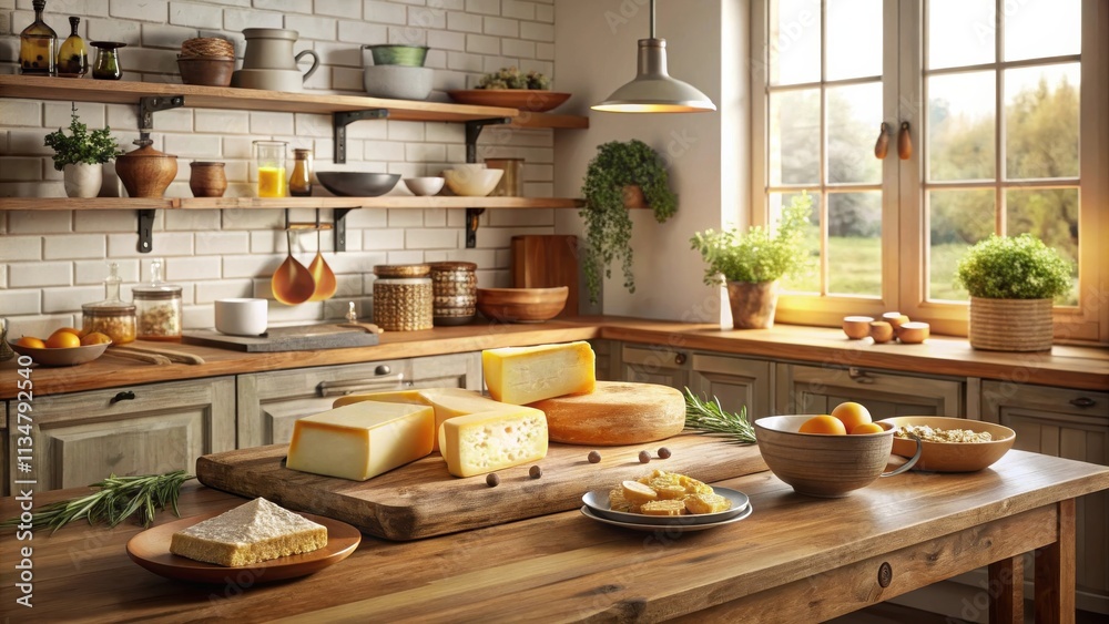 Fototapeta premium Rustic Kitchen Tabletop with Cheese and Bread, Featuring a Window with Natural Light, Warm Tones, and Wooden Elements
