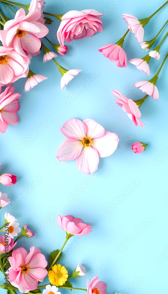 Obraz premium Beautiful spring pink flowers on blue pastel table top view. Floral border. Flat lay style, close-up, with white tones
