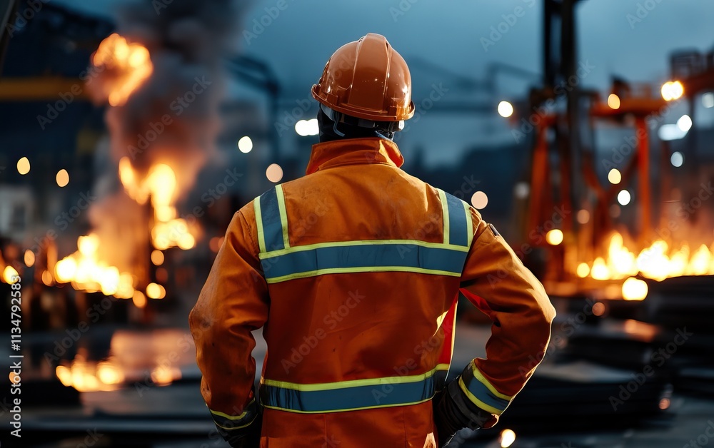 A worker in safety gear surveys a fiery industrial scene, highlighting the importance of safety in manufacturing environments. A worker in safety gear surveys a fiery industrial scene, highlighting the importance of safety in manufacturing environments.