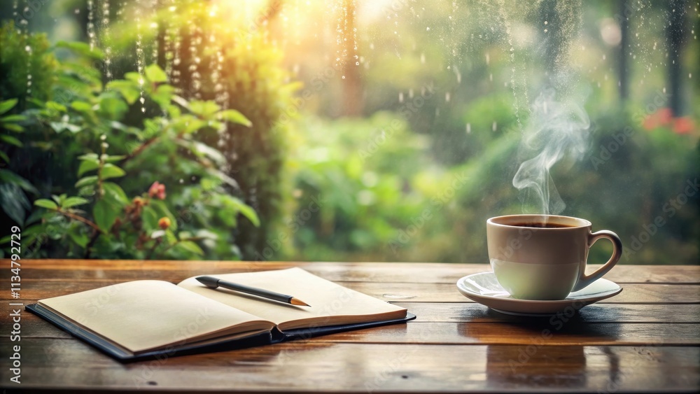 A cup of coffee steaming on a wooden table with an open notebook and pencil, set against a window with a blurry background of rain falling on greenery. A cup of coffee steaming on a wooden table with an open notebook and pencil, set against a window with a blurry background of rain falling on greenery.
