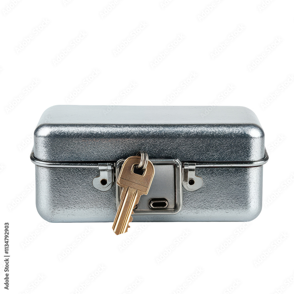 Naklejka premium Metal briefcase with a key for secure storage. transparent background
