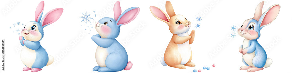 Baby bunny fluffy and warmth, Four adorable cartoon rabbits in various colors, each with unique expressions, positioned in a playful, animated style.