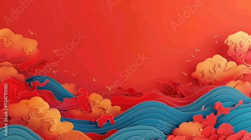 2024 new year Spring Festival background material: Waves and auspicious clouds on a Red Background. Illustration resources with large copy space. photo