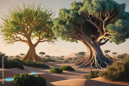Large dichotomy tree in the desert. Oil painting imitation