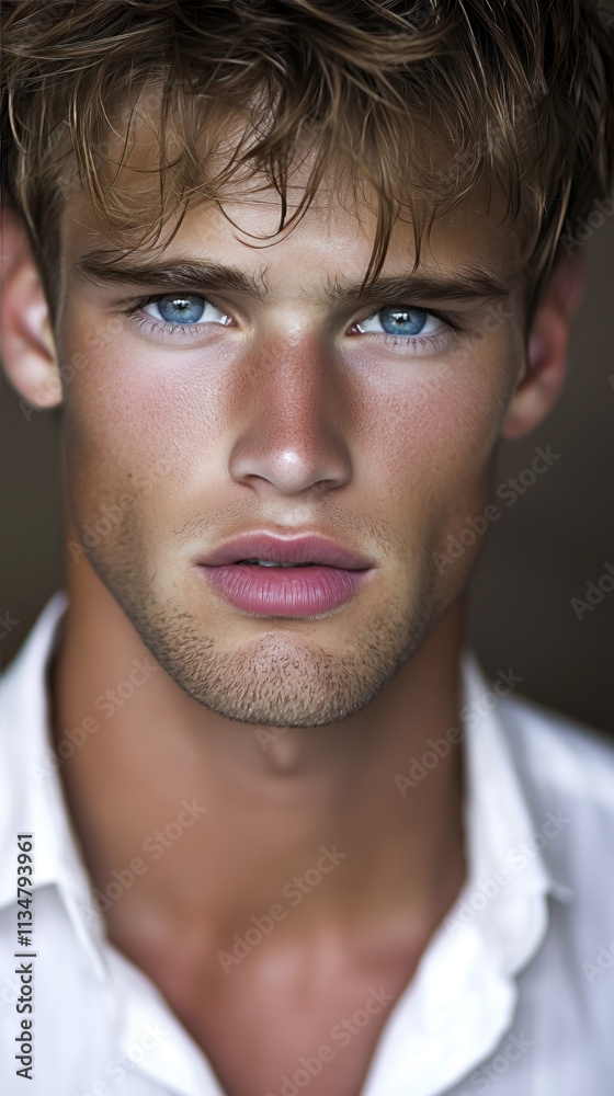 Obraz premium classic white shirt blue eyed handsome young male model timeless fashion simple clean wardrobe beauty vertical format