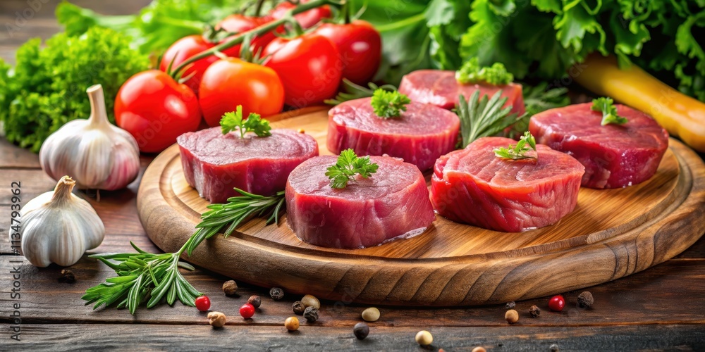 Fresh and raw fillet medallions on wooden board with vegetables and greens , raw meat, fillet medallions, steaks Fresh and raw fillet medallions on wooden board with vegetables and greens , raw meat, fillet medallions, steaks
