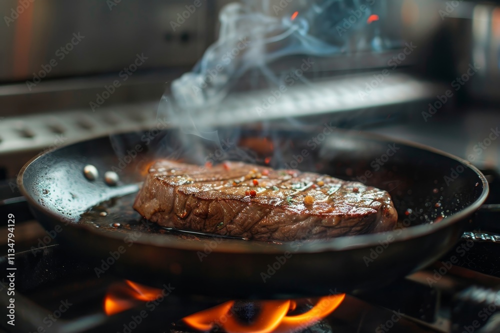 Fototapeta premium A thick steak sizzles in a frying pan, releasing steam and mouthwatering aromas. The flames dance beneath as it cooks, creating an enticing atmosphere in the kitchen.