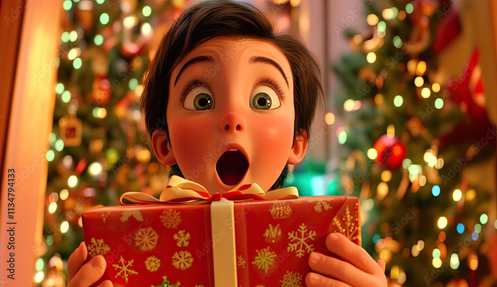 A child surprised by the gift he has just acquired, opening his mouth wide to gaze at it A child surprised by the gift he has just acquired, opening his mouth wide to gaze at it