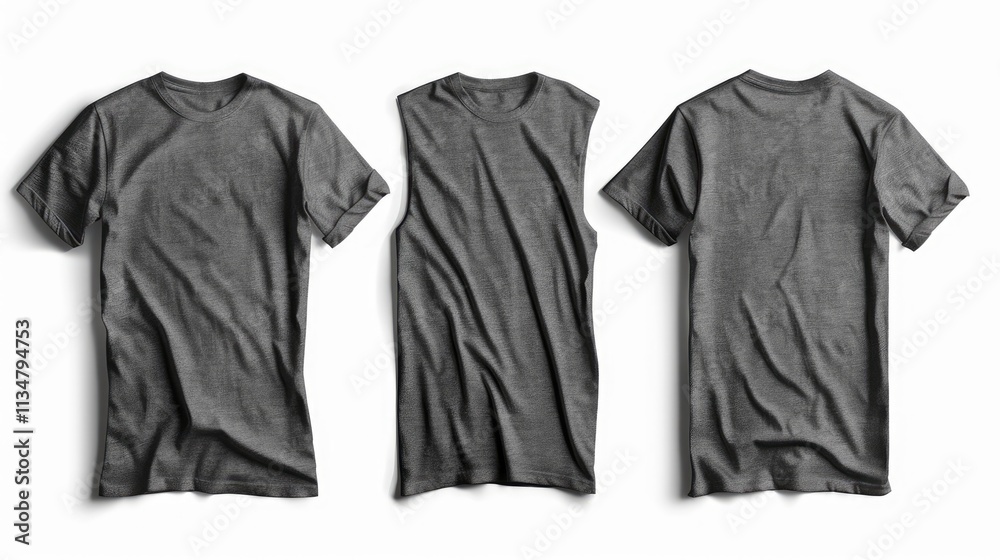 2 Set of dark light grey tee t shirt round neck front, back and side view on white background cutout, PNG file. Mockup template for artwork graphic design.