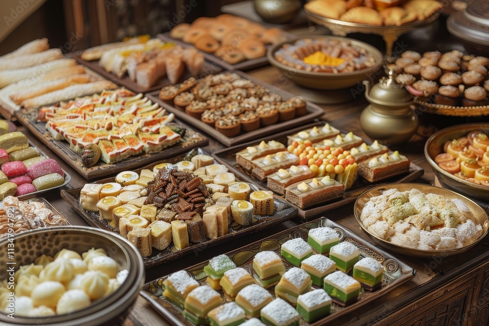 An array of vibrant traditional sweets and desserts, showcasing a variety of textures and flavors, arranged elegantly on wooden tables at a bustling festival market. An array of vibrant traditional sweets and desserts, showcasing a variety of textures and flavors, arranged elegantly on wooden tables at a bustling festival market.