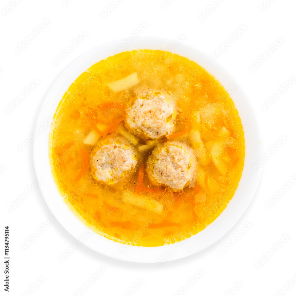 Soup with meatballs, top view, on a white background, isolated. Soup with meatballs, top view, on a white background, isolated.