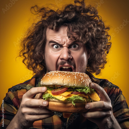 Man eating big hamburger over isolated yellow background