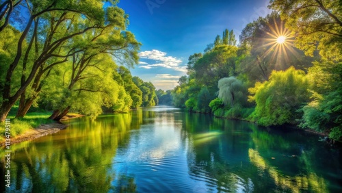 A tranquil river meanders through a verdant forest, bathed in the warm glow of a setting sun, casting long shadows and reflections on the rippling water.