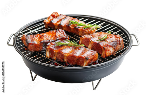 Juicy grilled pork ribs with rosemary sprigs sizzling on a round barbecue grill with char marks